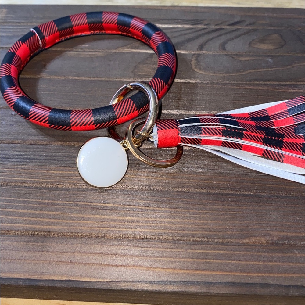Red & Black Buffalo Plaid Keychain Bracelet with Gold Accent & Fringe Tassel - Picture 11 of 11